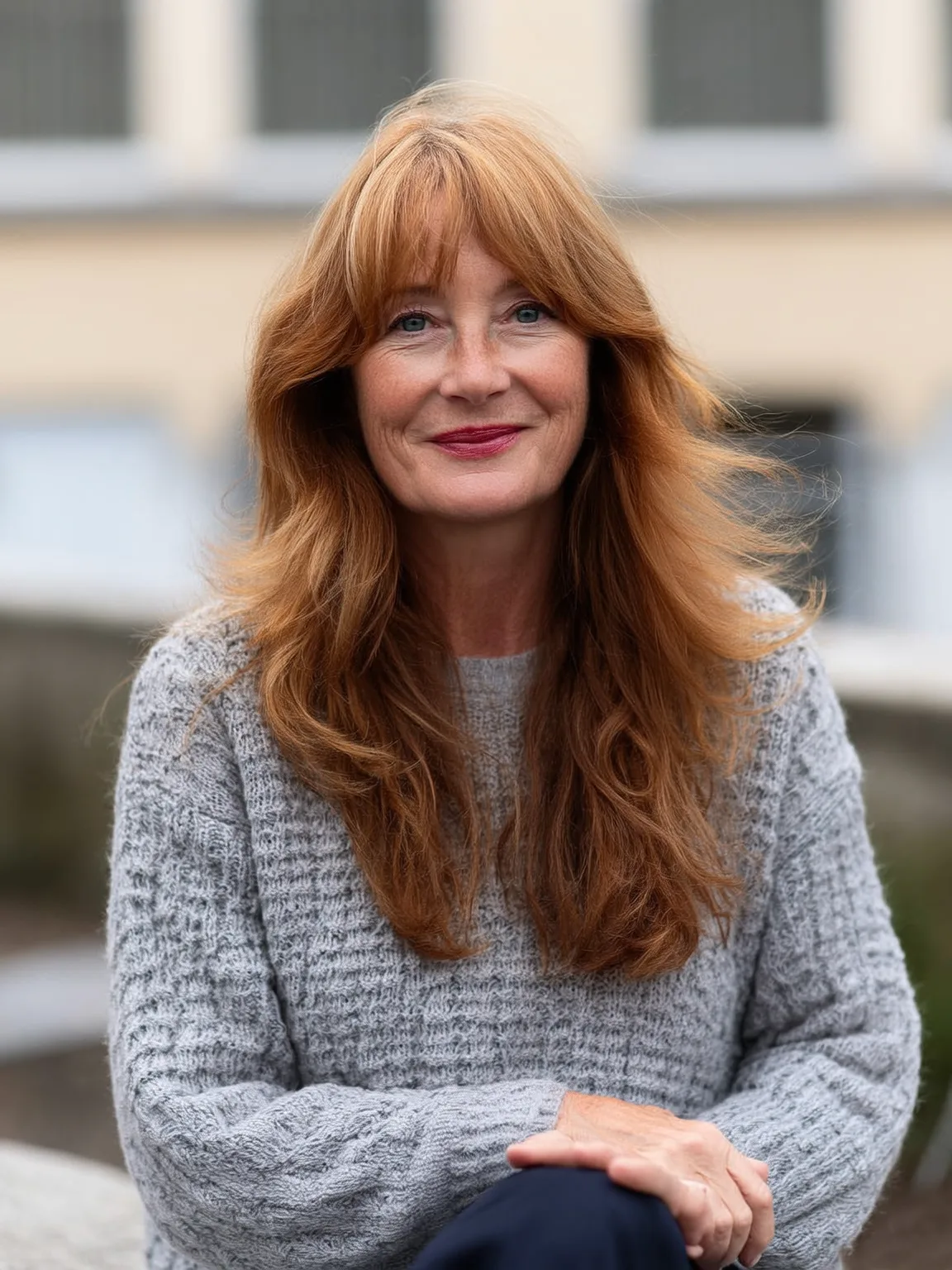 Long Wavy Warm Copper Layers with Curtain Bangs and Volume